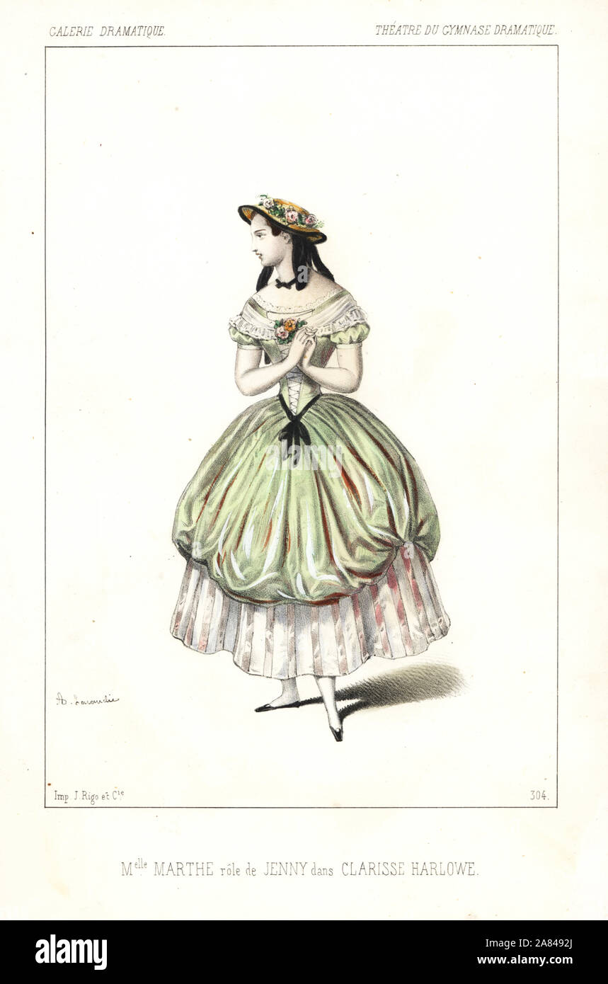 Mlle. Marthe Letessier come Jenny in Clarisse Harlowe da Dumanoir e Guillard, Theatre du Gymnase Dramatique, 1846. Litografia Handcolored dopo una illustrazione di Alexandre Lacauchie da Victor Dollet's Galerie Dramatique: costumi des teatri de Paris, Paris, 1846. Foto Stock
