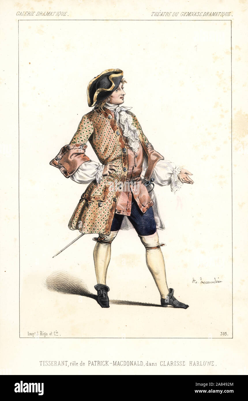 Attore francese Hippolyte Tisserant come Patrick Macdonald in Clarisse Harlowe da Dumanoir e Guillard, Theatre du Gymnase Dramatique, 1846. Litografia Handcolored dopo una illustrazione di Alexandre Lacauchie da Victor Dollet's Galerie Dramatique: costumi des teatri de Paris, Paris, 1846. Foto Stock