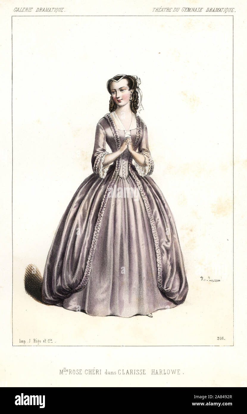 Mlle. Rose Cheri o Rose Marie Cizos in Clarisse Harlowe da Dumanoir e Guillard, Theatre du Gymnase Dramatique, 1846. Litografia Handcolored dopo una illustrazione di Alexandre Lacauchie da Victor Dollet's Galerie Dramatique: costumi des teatri de Paris, Paris, 1846. Foto Stock