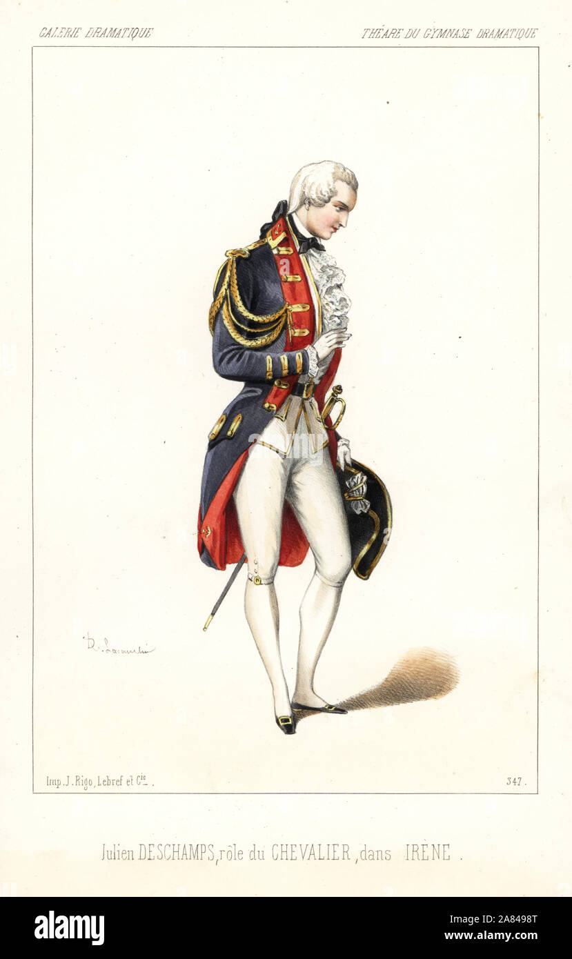 Attore francese Julien Deschamps come Le Chevalier de Montaran in Irene ou Le Magnetisme da Eugène Scribe e Lockroy, Theatre du Gymnase Dramatique, 1847. Litografia Handcolored dopo una illustrazione di Alexandre Lacauchie da Victor Dollet's Galerie Dramatique: costumi des teatri de Paris, Paris, 1847. Foto Stock