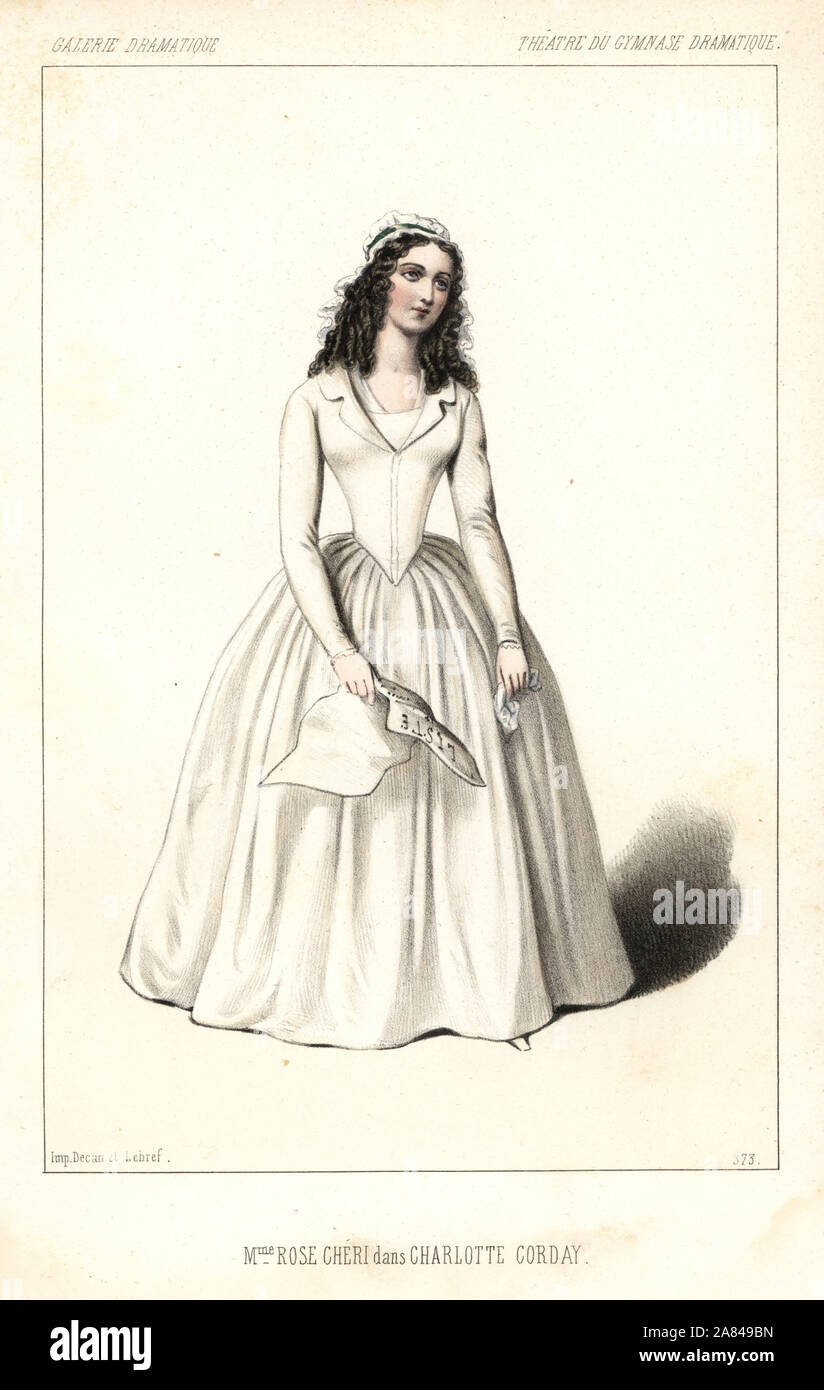 L'attrice francese Rose-Marie Cizos o Madame Rose Cheri nel ruolo di Charlotte Corday da Dumanoir e Clairville, Gymnase Dramatique, 1847. Litografia Handcolored dopo una illustrazione di Alexandre Lacauchie da Victor Dollet's Galerie Dramatique: costumi des teatri de Paris, Paris, 1847. Foto Stock