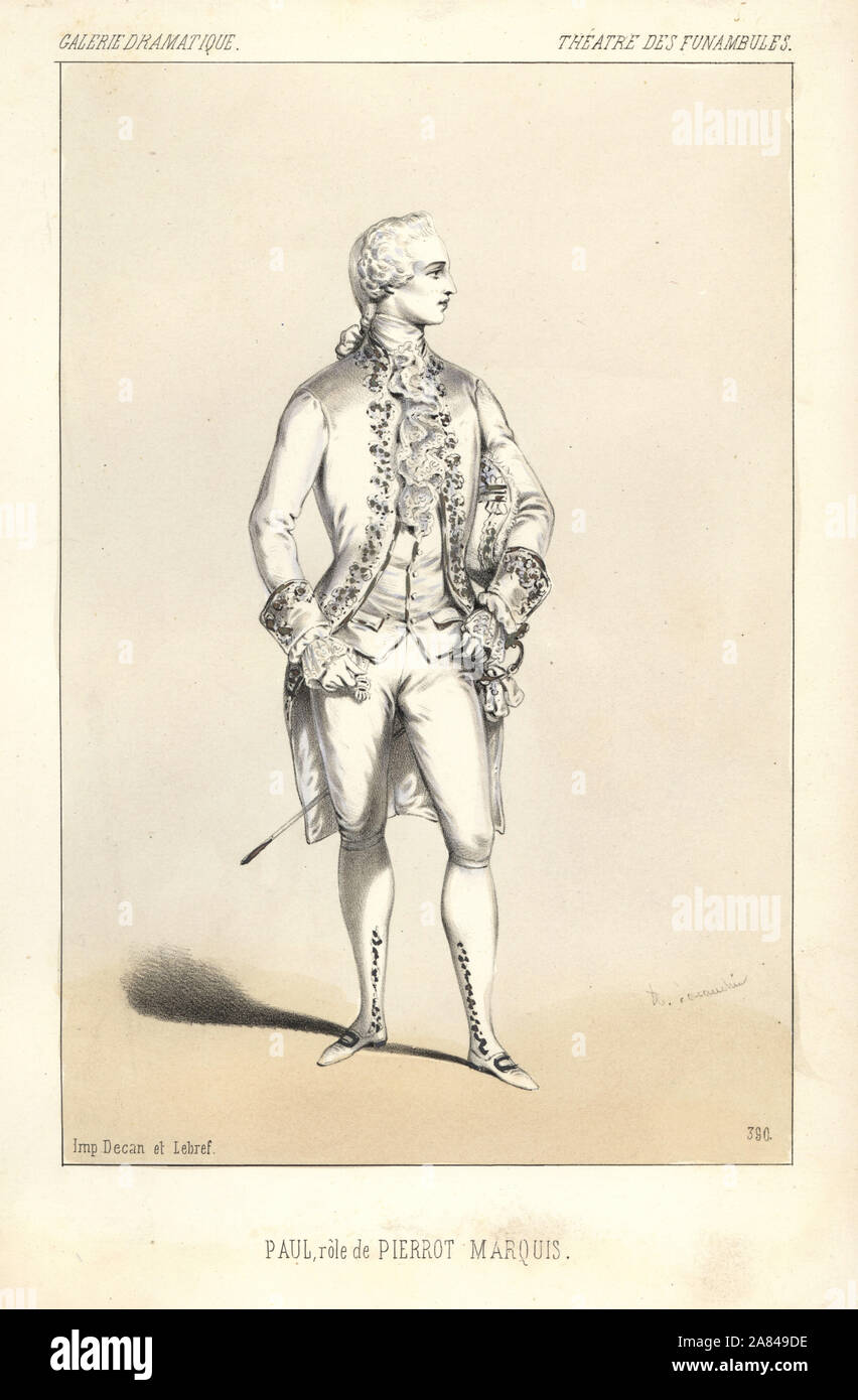 Mime francese Paul Legrand Pierrot Marchese, Teatro des Funambules, 1846. Litografia Handcolored dopo una illustrazione di Alexandre Lacauchie da Victor Dollet's Galerie Dramatique: costumi des teatri de Paris, Paris, 1846. Foto Stock