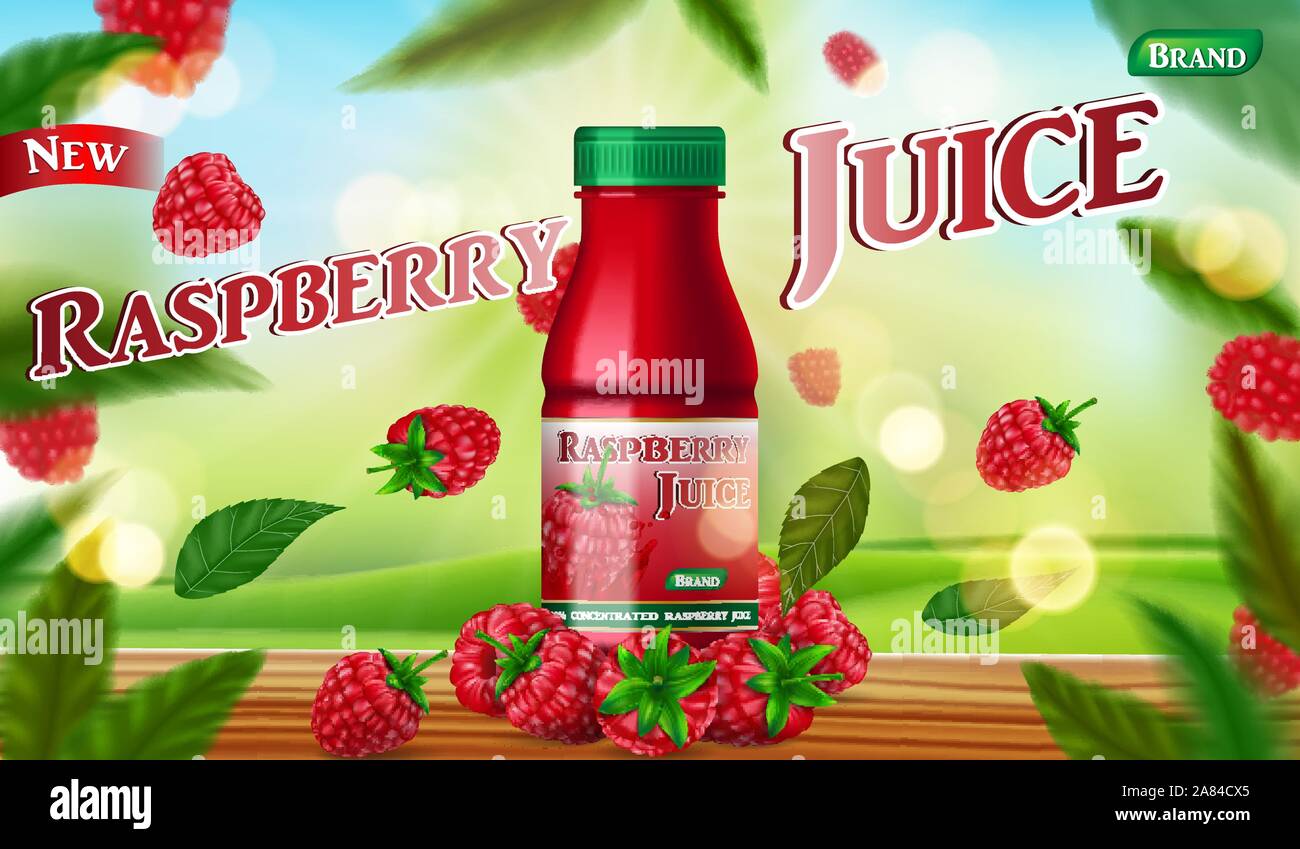 Succo di lampone bottiglia mock up con sfondo verde. succo di frutta confezione contenitore annuncio. 3d estate realistico di lamponi maturi illustrazione vettoriale per Illustrazione Vettoriale
