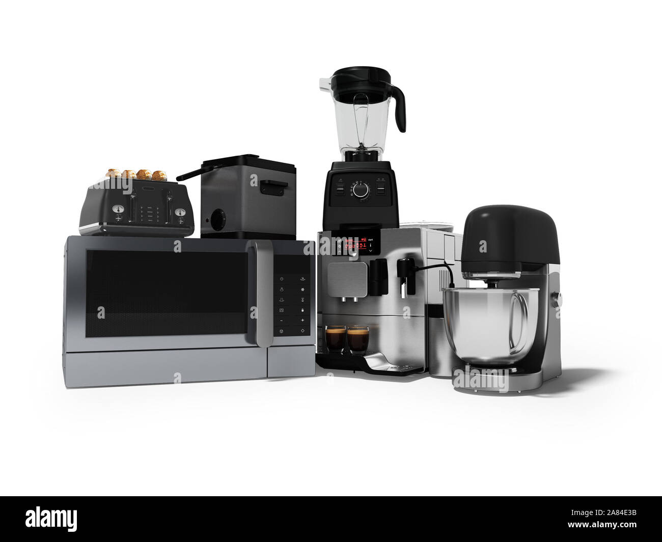 Gruppo di elettrodomestici per la cucina professionale automatico macchina da caffè tostapane miscelatore 3D render su sfondo bianco con ombra Foto Stock