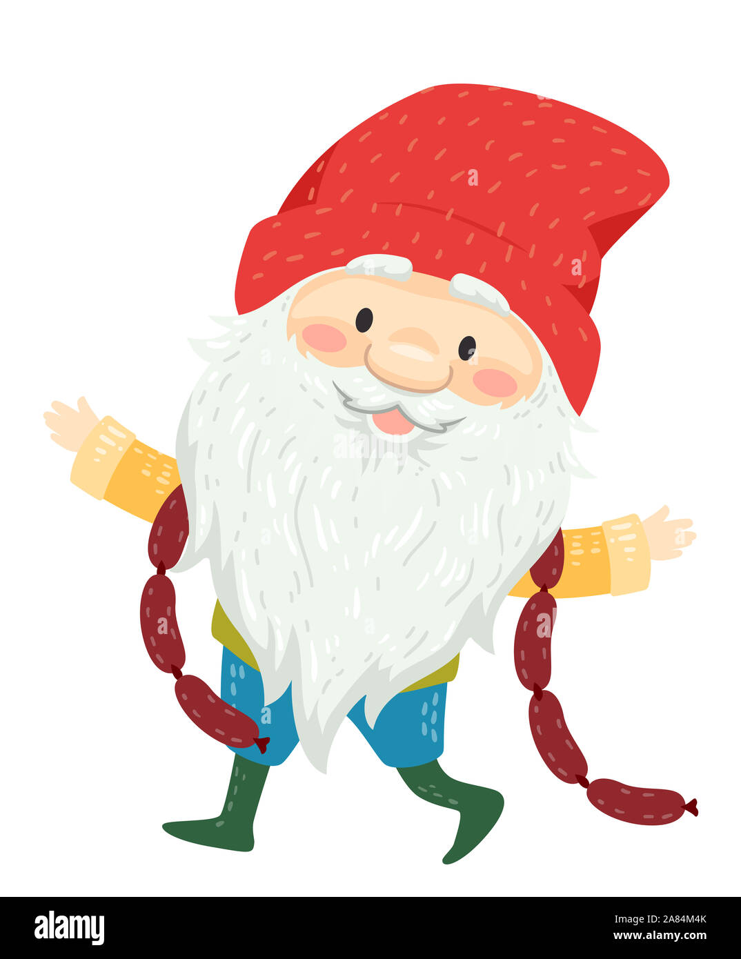 Illustrazione di un Yule Lad con una lunga barba bianca e Baffuto Red cofano e salsicce affumicate Foto Stock