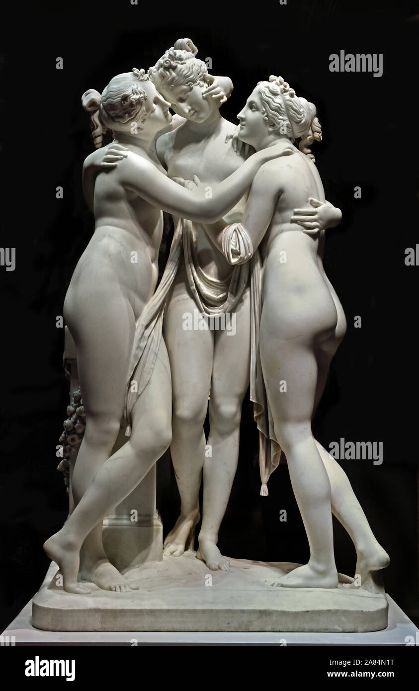 Le Tre Grazie di Antonio Canova (1757-1822) è una scultura neoclassica, in marmo, di figure mitologiche di tre associazioni di beneficenza, figlie di Zeus, da sinistra a destra, Euphrosyne, Aglaea e Thalia, Greco, Italiano, Italia. Foto Stock