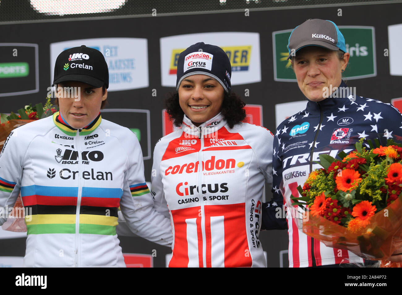 3 novembre 2019 Ruddervoorde, Belgio Cyclocross SuperPrestige Ruddervoorde Ceylin del Carmen Alvardo vince la 3 a gara SuperPrestige a Ruddervoorde. 2° Sanne Cant e 3° Kathy Compton Foto Stock