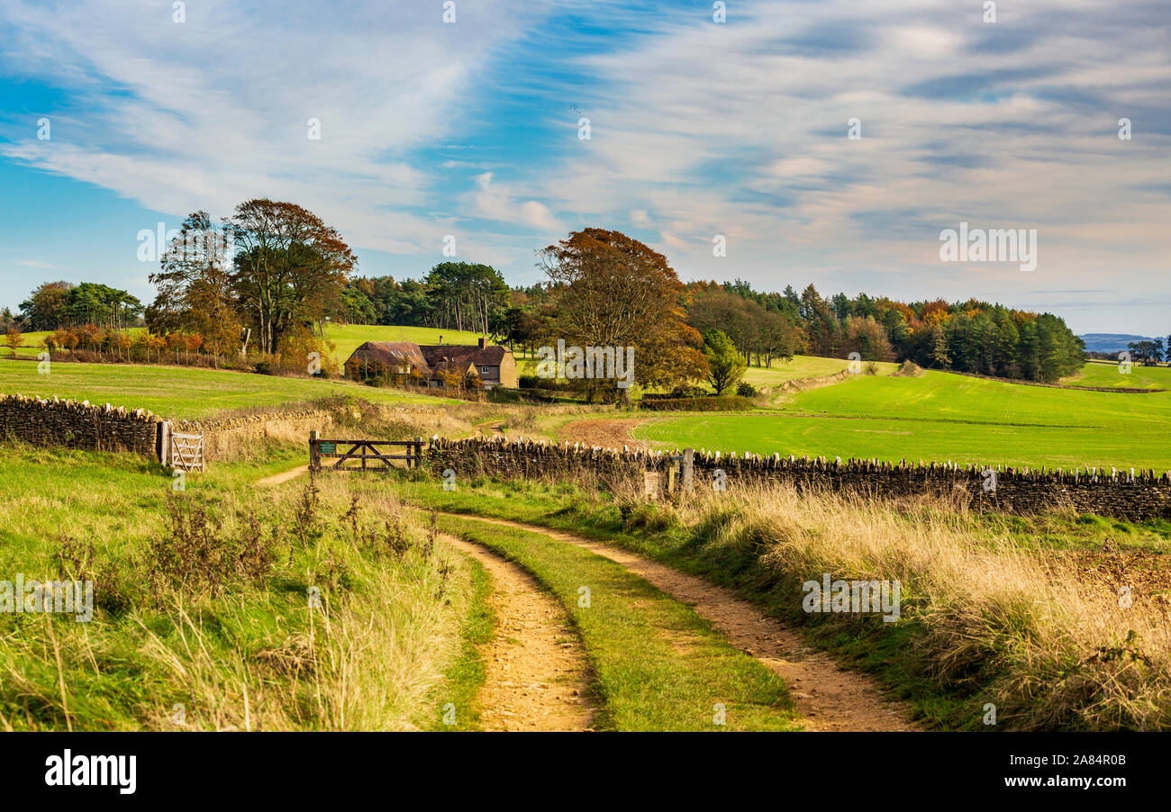 Pista che conduce a una fattoria su Bredon Hill nelle Cotswolds, Inghilterra Foto Stock