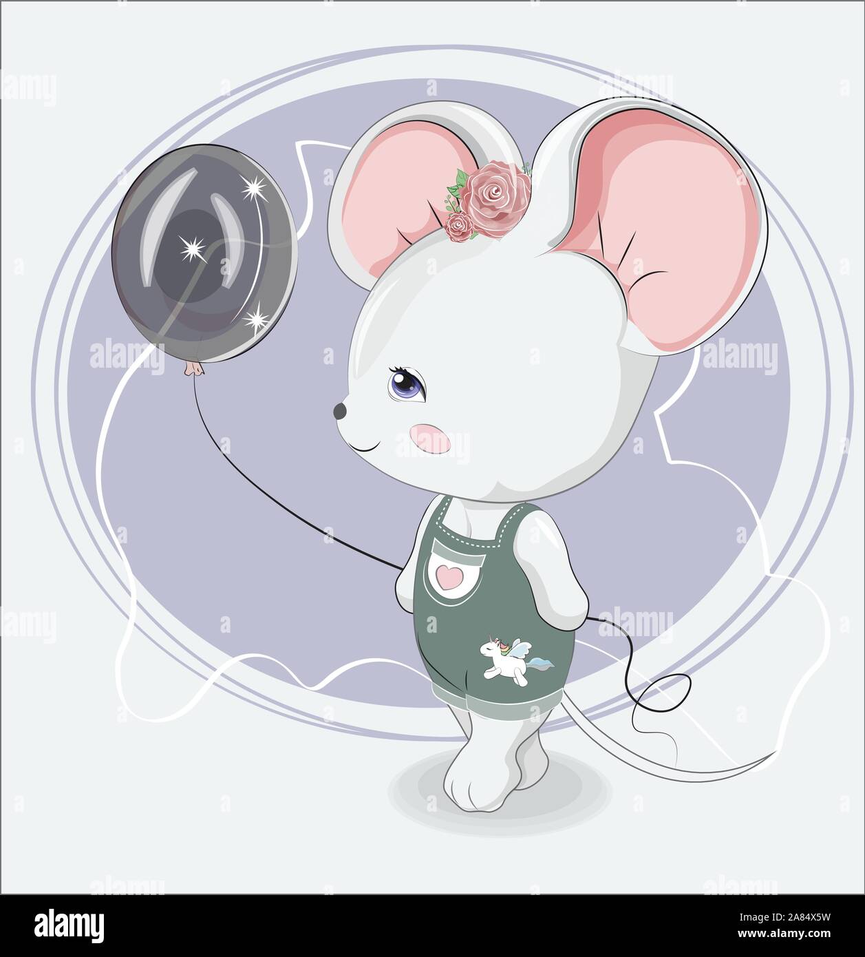 Bambina mouse con palloncino in jeans con unicorn adesivo. Foto in mano lo stile di disegno, per t-shirt moda print design, biglietto di auguri, bab Illustrazione Vettoriale