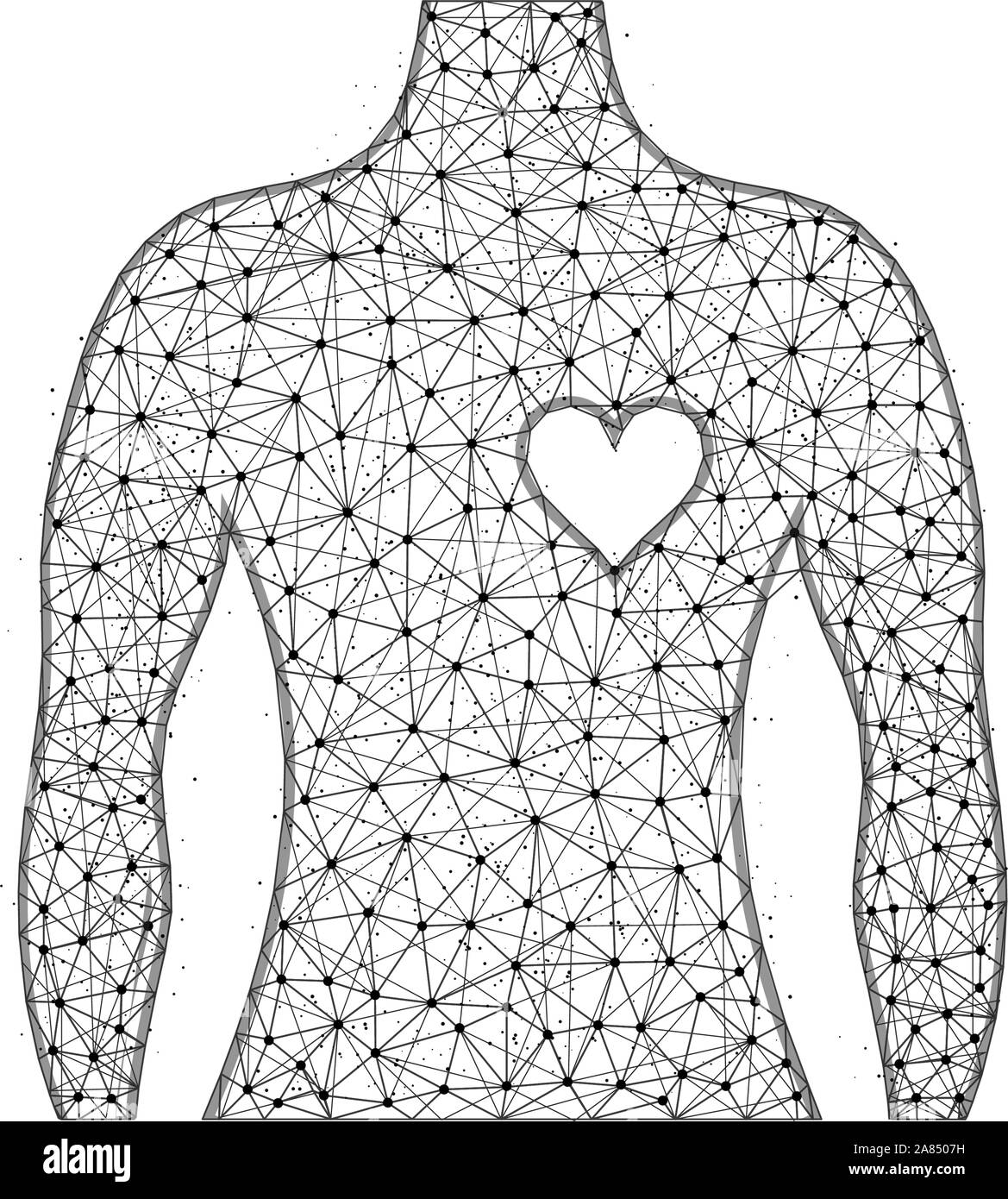 L uomo e il simbolo del cuore di bassa poli design, salute umana astratta arte geometrica, wireframe poligonale mesh illustrazione vettoriale costituito da punti e linee su Illustrazione Vettoriale