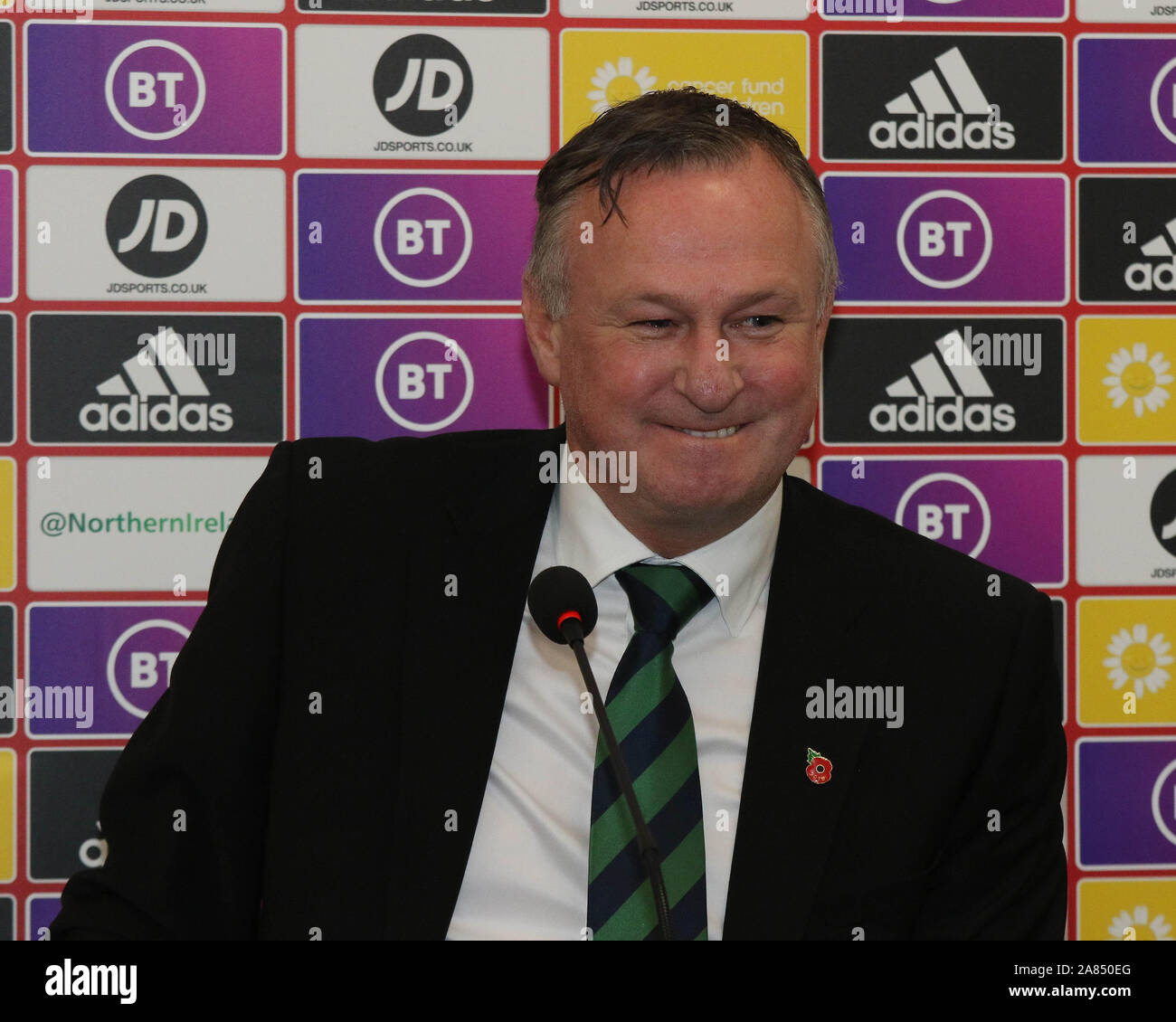 Stadio Nazionale, Windsor Park, Belfast, Irlanda del Nord, Regno Unito. 6 Nov 2019. Irlanda del Nord manager Michael O'Neill chiamato la sua squadra oggi per la decisiva Finale di EURO 2020 qualifica del gruppo C partite contro i Paesi Bassi (16 novembre a Belfast) e Germania (a Francoforte il 18 novembre). L'Irlanda del Nord si trovano al terzo nella tabella dietro entrambi i paesi.Credit: David Hunter/Alamy Live News. Foto Stock