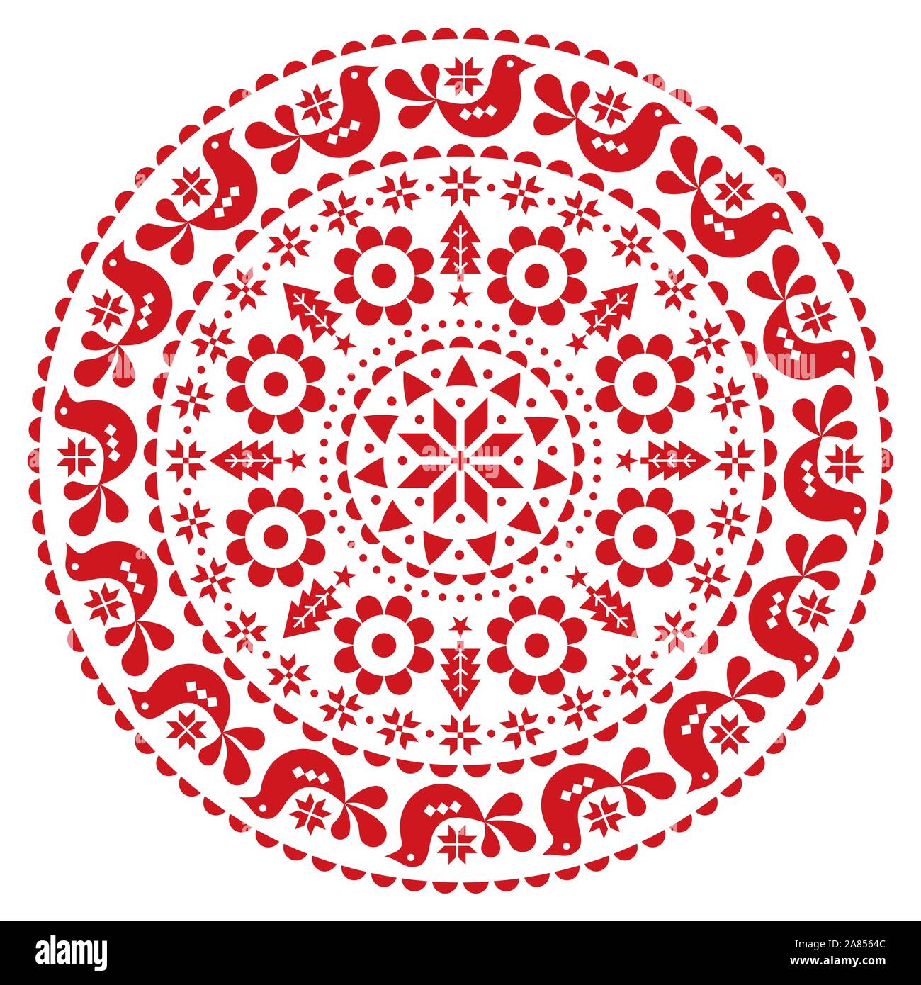 Natale folk scandinava design vettoriali mandala- inverno round pattern festosa, grazioso ornamento floreale con uccelli e fiocchi di neve in rosso su bianco backgr Illustrazione Vettoriale