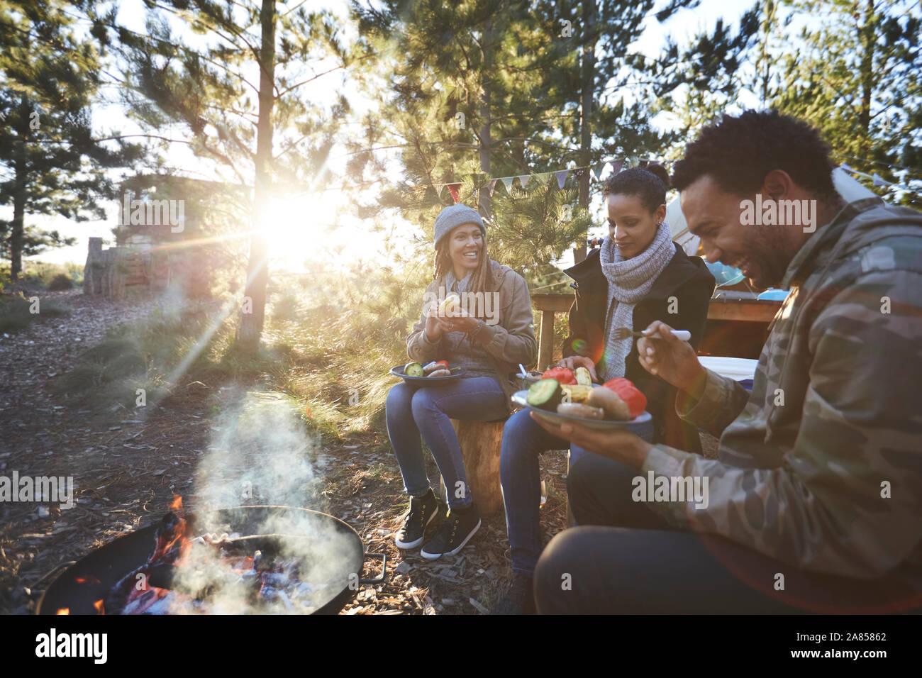 Happy amici di mangiare a sunny campeggio nel bosco Foto Stock