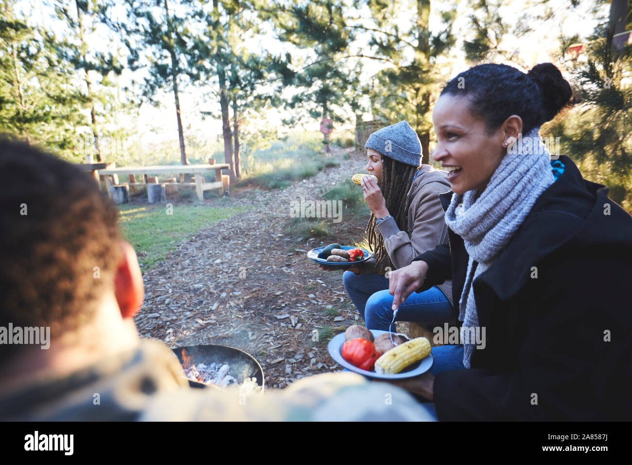 Happy amici per mangiare in campeggio nel bosco Foto Stock