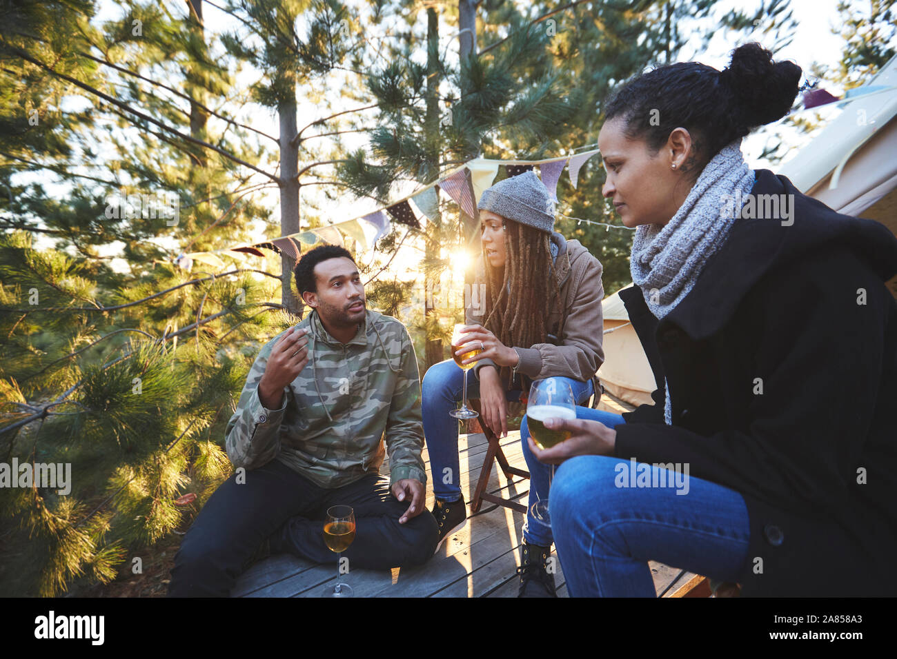Gli amici a bere vino e a parlare a sunny campeggio nel bosco Foto Stock