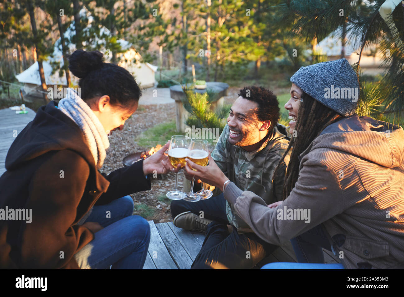 Happy amici tostatura di bicchieri di vino al campeggio nel bosco Foto Stock