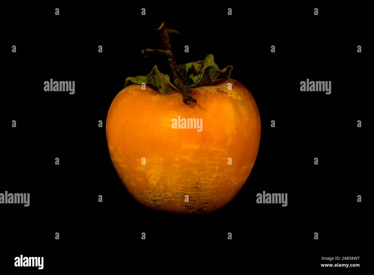 Un bel colore arancione persimmon mature contro uno sfondo nero in stile Halloween Foto Stock