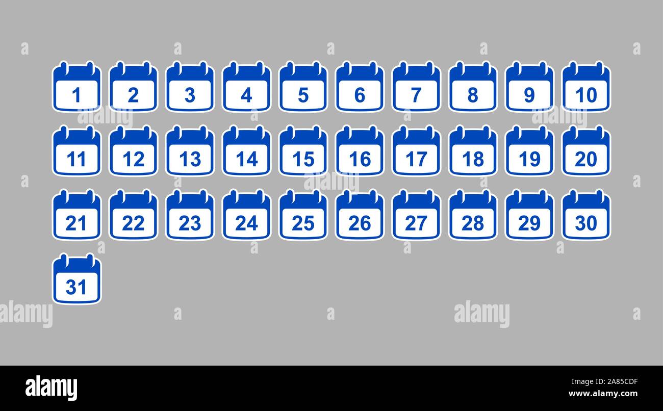 Set di icone del calendario con i numeri da 1 a 31. Design piatto. Illustrazione Vettoriale