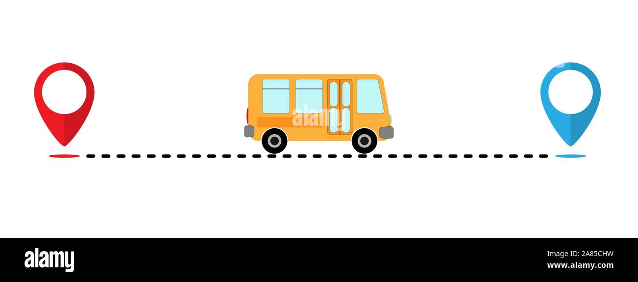 Icona percorso del bus da un punto ad un altro. Bus route. Piatto semplice design. Illustrazione Vettoriale