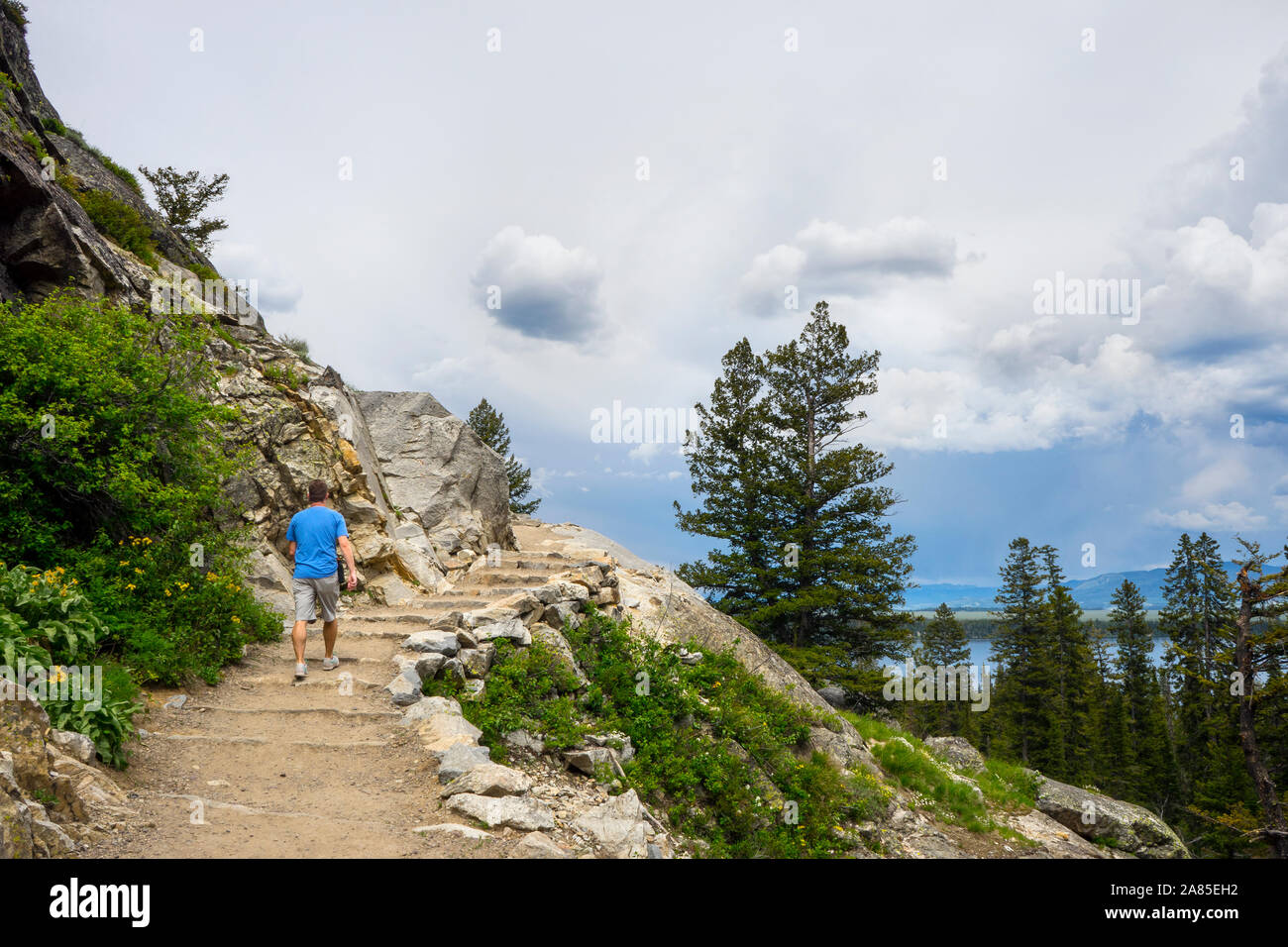 L'uomo escursionismo Cascade Canyon Trail per Inspiration Point a Lake Jenny Foto Stock