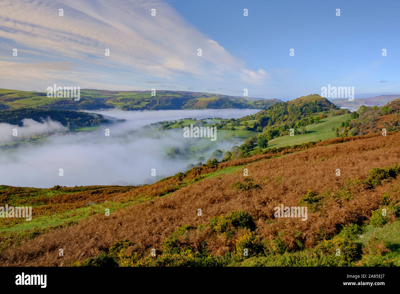 Nebbia di prima mattina nella valle di Dee, guardando verso Castell Dinas Brân Llangollen, Denbighshire, Galles Foto Stock