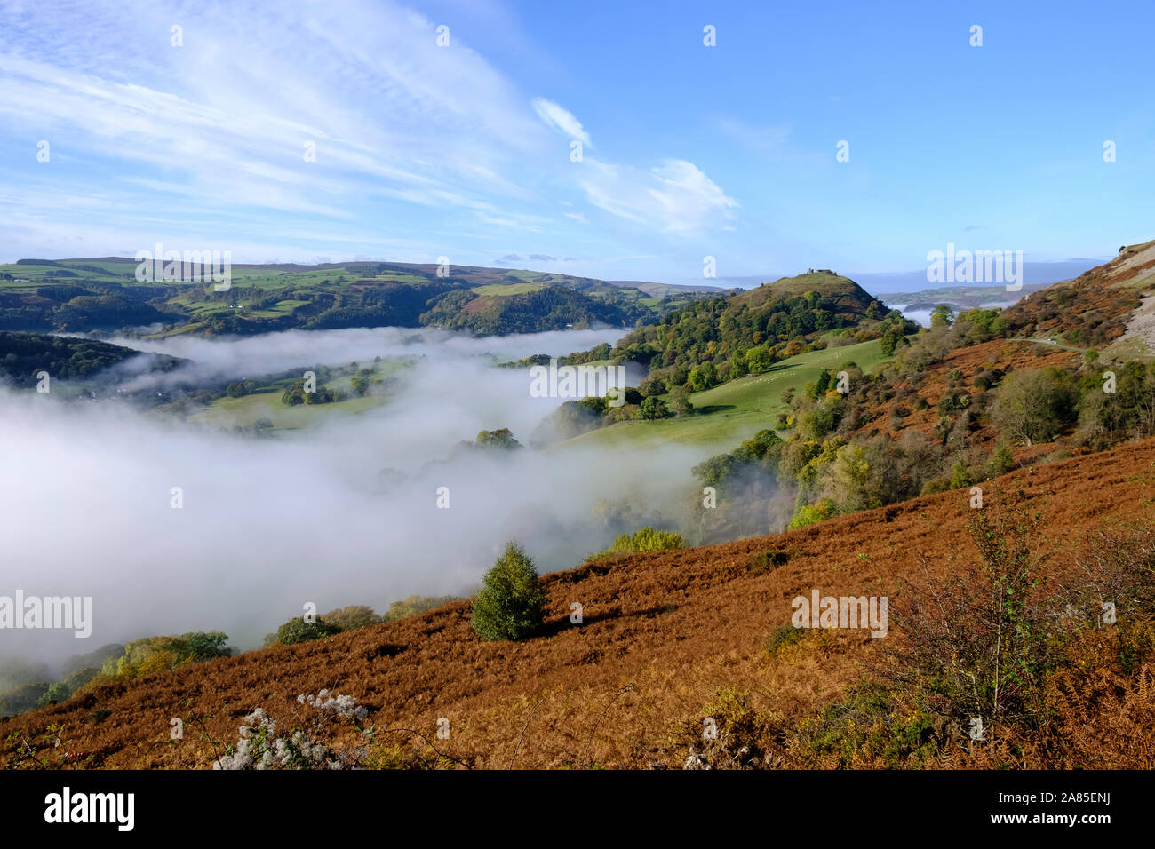 Nebbia di prima mattina nella valle di Dee, guardando verso Castell Dinas Brân Llangollen, Denbighshire, Galles Foto Stock