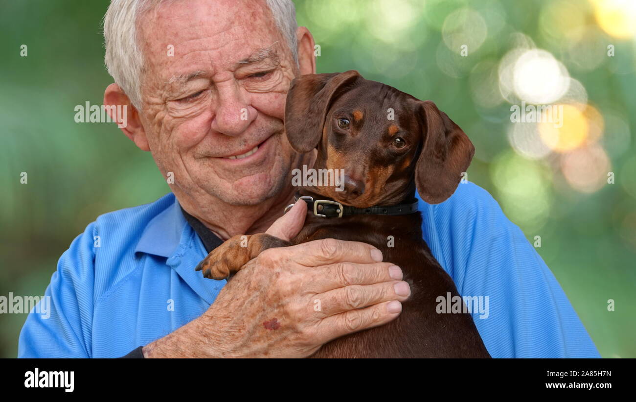 Close-up di un felice e sorridente uomo senior (80 anno vecchio Caucasica) tenendo il suo simpatico cagnolino Foto Stock