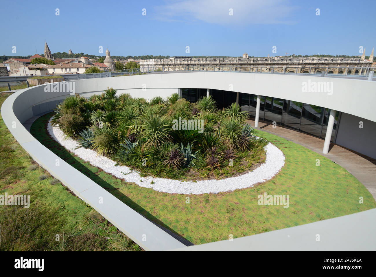 Vista sul moderno Roof Garden, a forma di anfiteatro romano, del Musée de la Romanité, o Museo Romano (2018) di Elizabeth de Portzamparc Nimes France Foto Stock