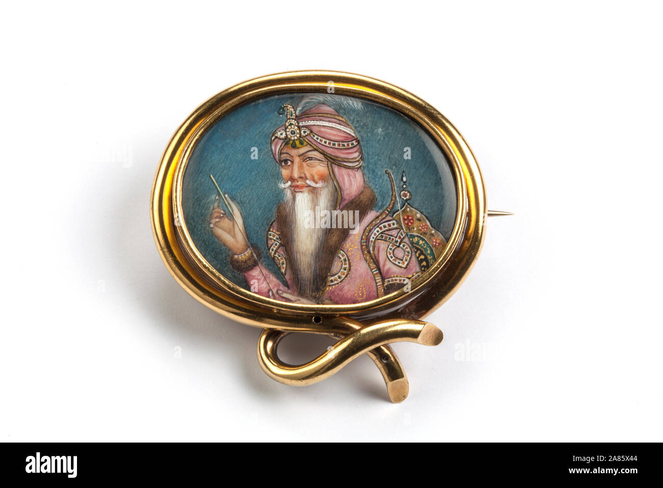 Uno eyed Maharaja Ranjit Singh portriat in miniatura del XIX centure Spilla oro. Foto Stock
