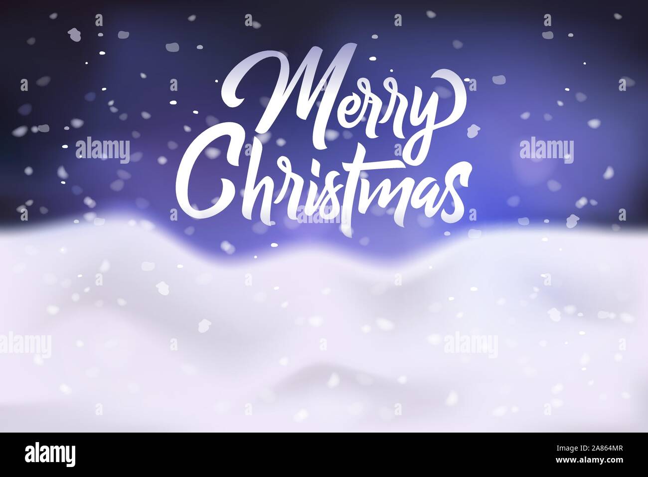 Buon Natale COMPLIMENTI banner, poster, biglietto di auguri con il cumulo di neve e fiocchi di neve caduta sul cielo blu scuro, illustrazione vettoriale Illustrazione Vettoriale
