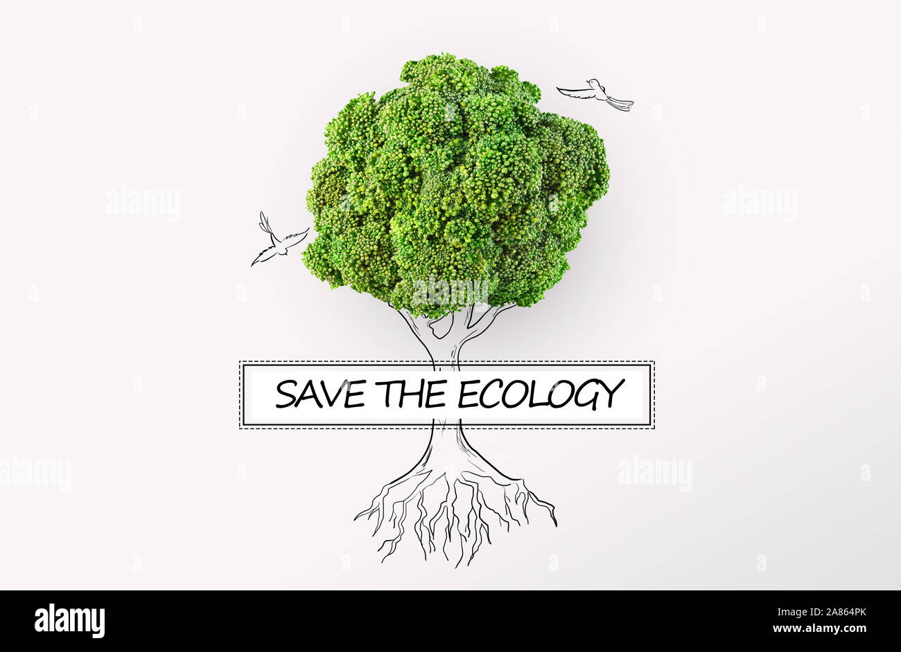 Albero verde di disegno con broccoli freschi e uccelli Foto Stock