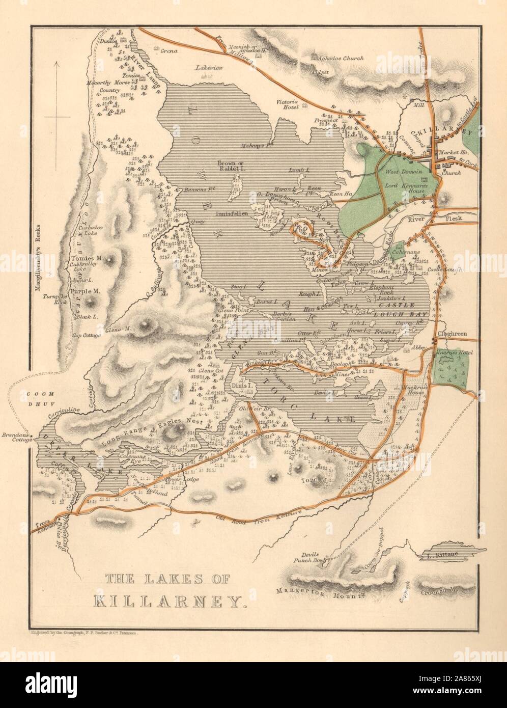 Antichi laghi di Killarney mappa di Alfred ADLARD. L'Irlanda 1843 vecchio Foto Stock