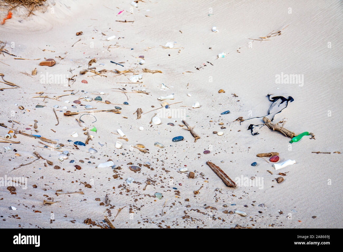 Cestino di inquinamento in plastica a Sandy beach resort seashore. Foto Stock