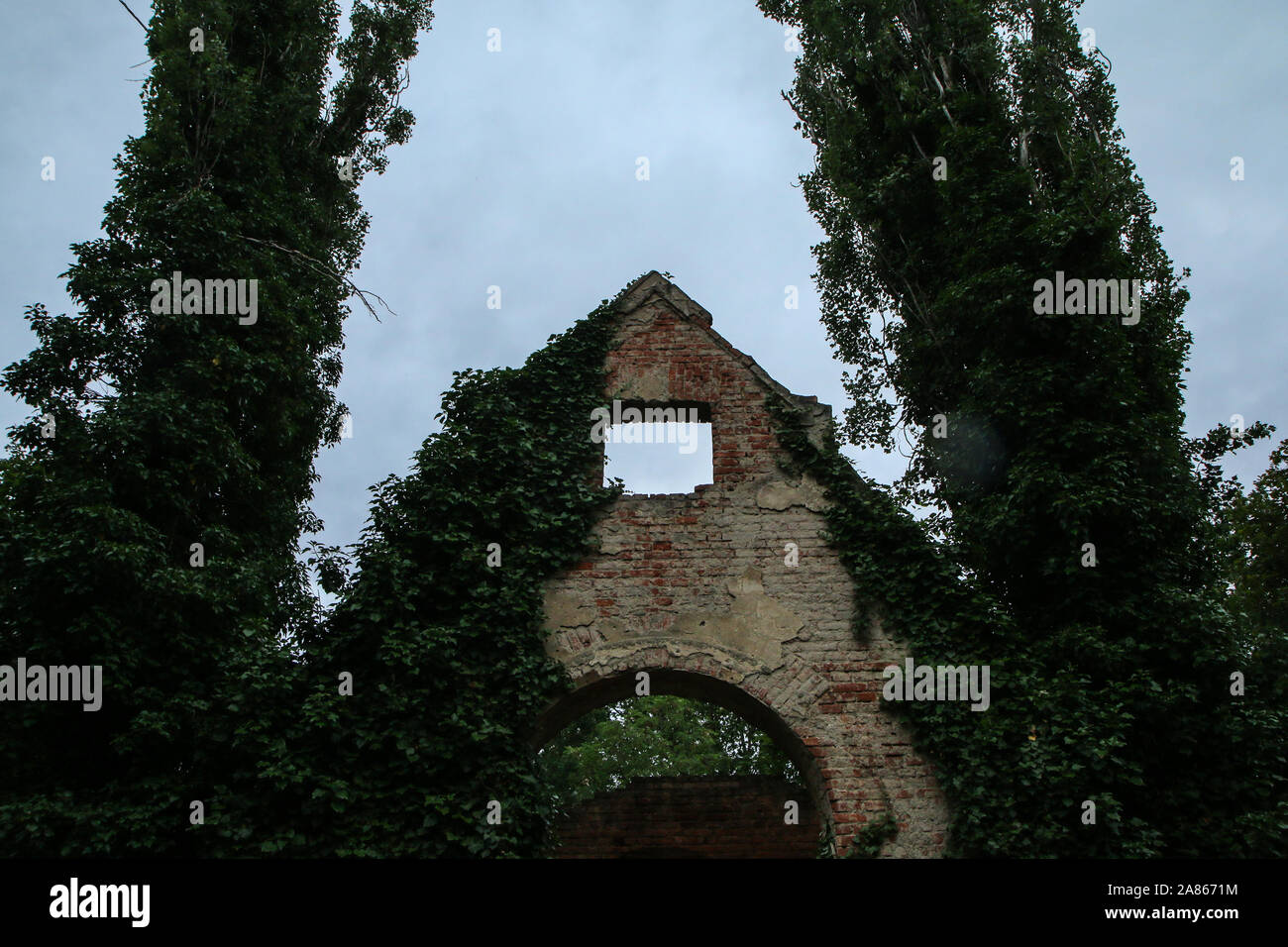 Il dettaglio di un cupo le rovine di una chiesa del cimitero. Solo la parte anteriore della parete ricoperta è visibile tra due alberi. Foto Stock