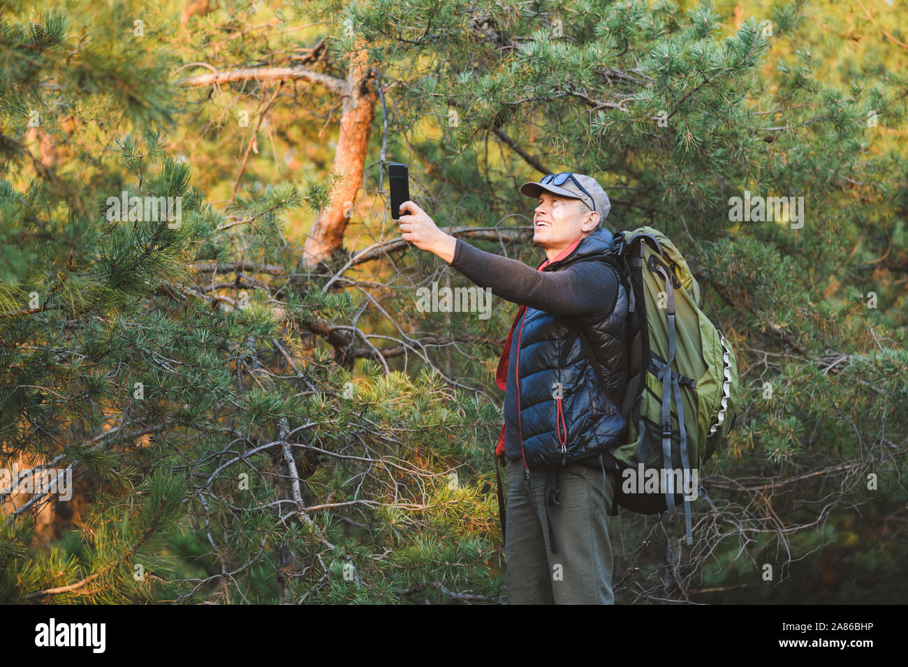 Escursionista cercando il suo segnale di GPS su uno smartphone, disorientati in lussureggianti boschi, cercando di trovare una via di uscita. Orientamento, attività nel concetto di natura. Foto Stock