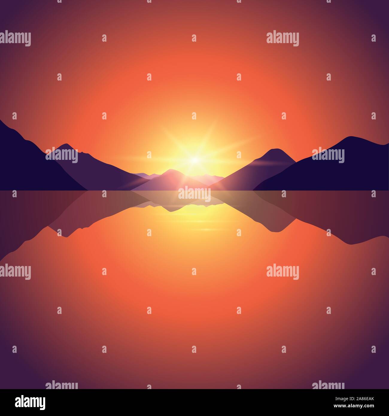 Romantico tramonto sulla montagna di autunno e oceano paesaggio illustrazione vettoriale EPS10 Illustrazione Vettoriale