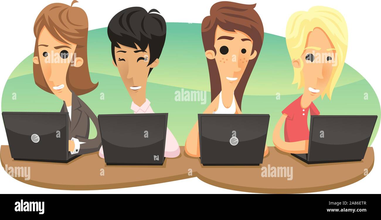 Donne Squadra di lavoro su computer cartoon illustrazione Illustrazione Vettoriale