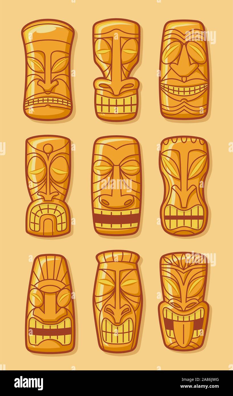 Hawaiian golden Tiki God statua scolpita Tiki polinesiano ku oro lono illustrazione vettoriale. Illustrazione Vettoriale