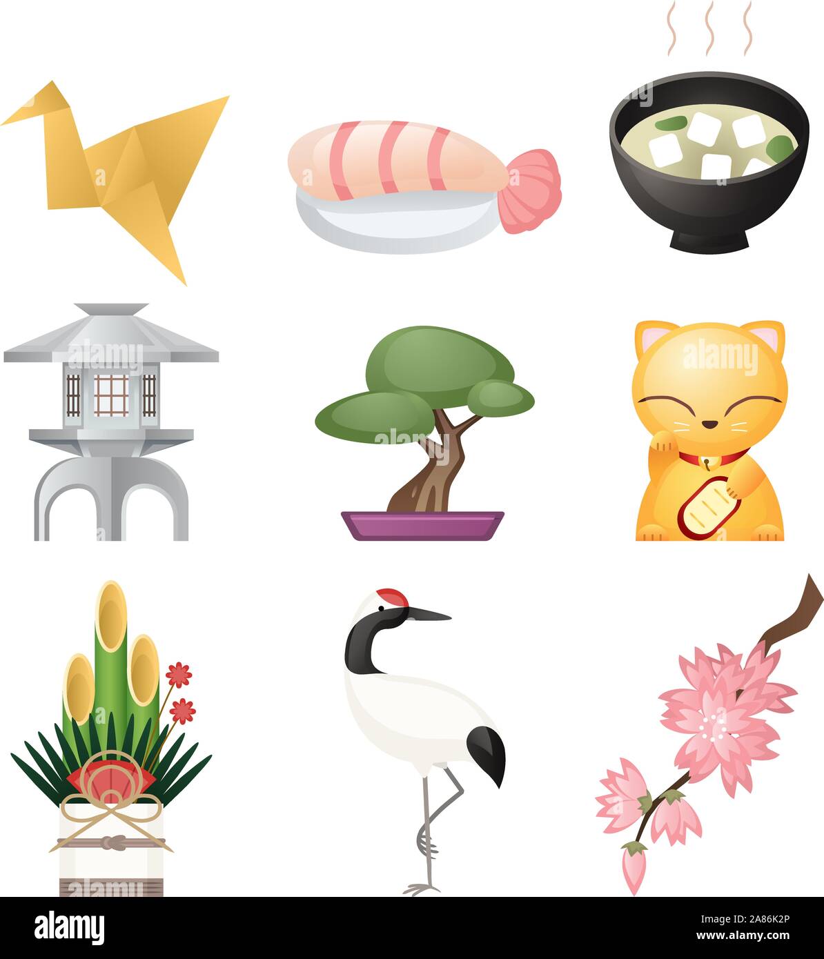 La cultura giapponese icon set, elementi culturali come: origami, pesce, sushi, fortuna cat, Lucky cat, composizioni floreali, tagliatelle. Illustrazione Vettoriale cartoon Illustrazione Vettoriale