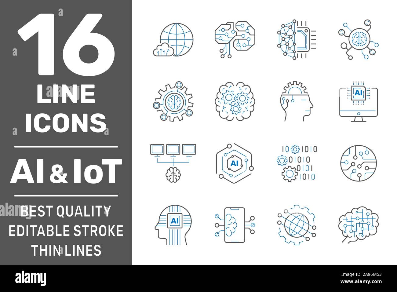 Intelligenza artificiale e sottile IoT set di icone. AI, Iot, IIoT, Factory 4.0. Codice binario, Robot, Microchip, Smart cervello e altre icone. Modificabile Illustrazione Vettoriale