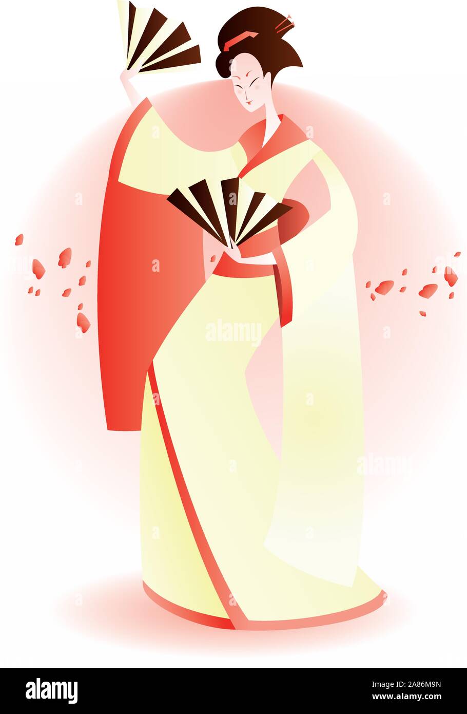 Geisha danza con ventilatore e petali di fiori. Illustrazione Vettoriale