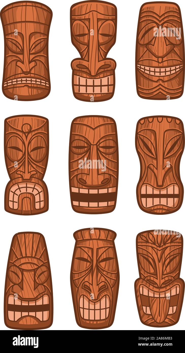 Hawaiian Tiki God statua scolpita tikki polinesiano ku lono legno illustrazione vettoriale. Illustrazione Vettoriale