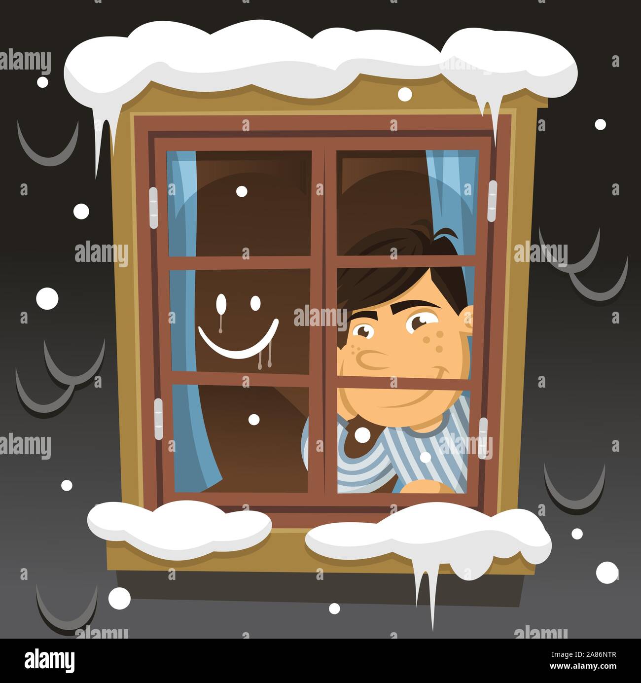 Little Boy guardando fuori dalla finestra su una notte invernale cartoon illustrazione Illustrazione Vettoriale