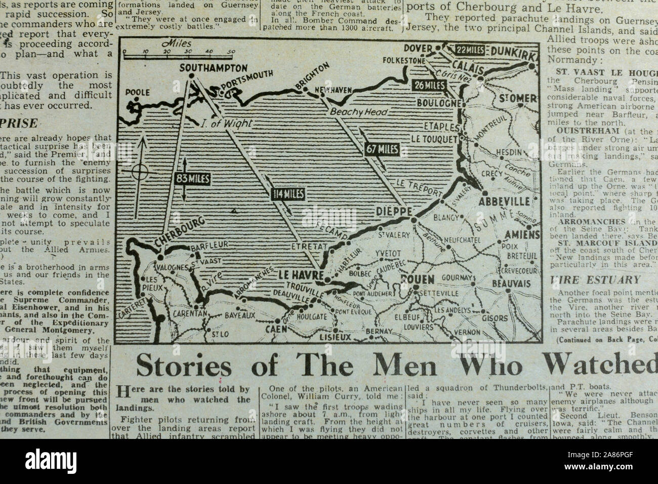 Mappa generico che mostra tutta francese coastine rivolta verso la Gran Bretagna all'interno della sera giornale Standard (replica) il 6 giugno 1944. Foto Stock
