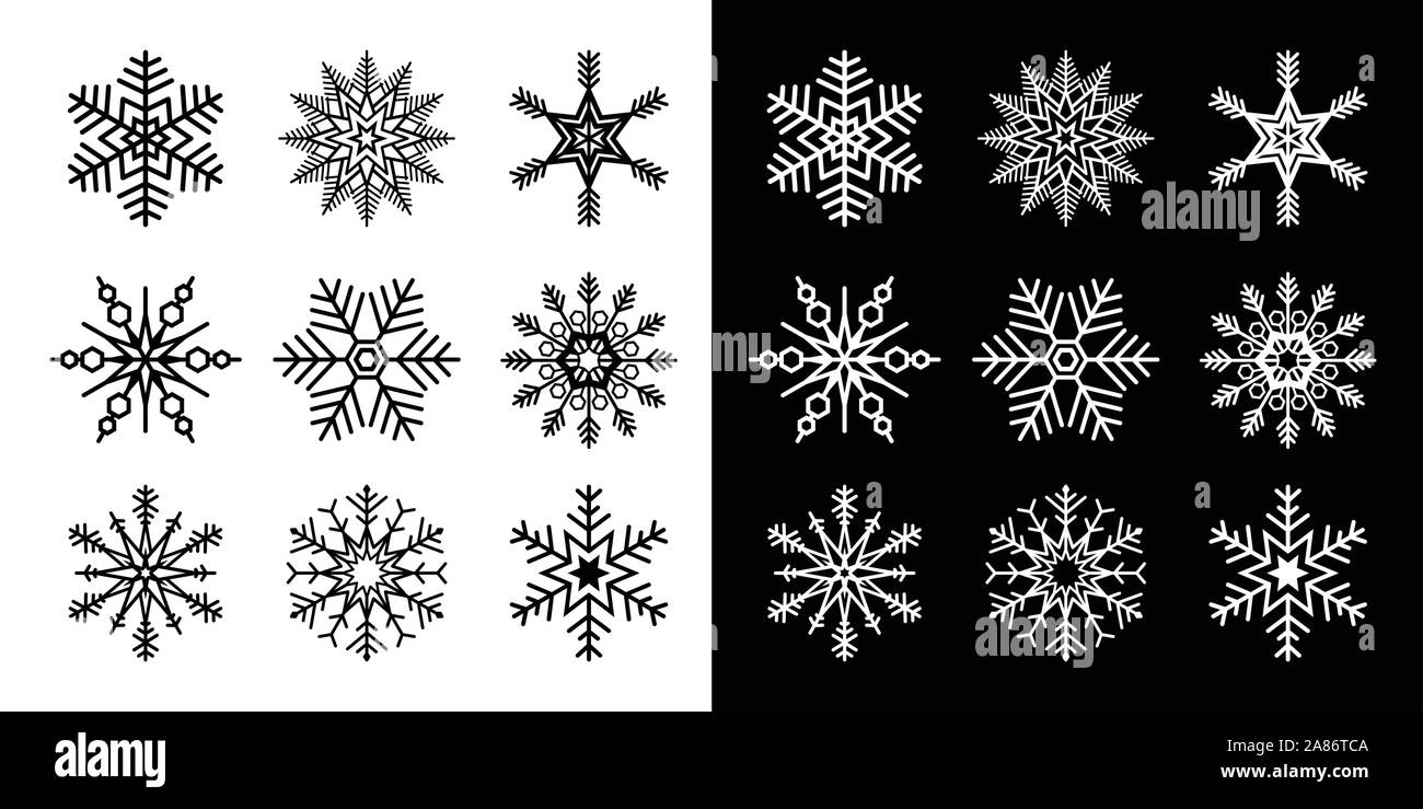 Set di fiocchi di neve isolato illustrazione vettoriale in entrambe le versioni in bianco e nero Illustrazione Vettoriale