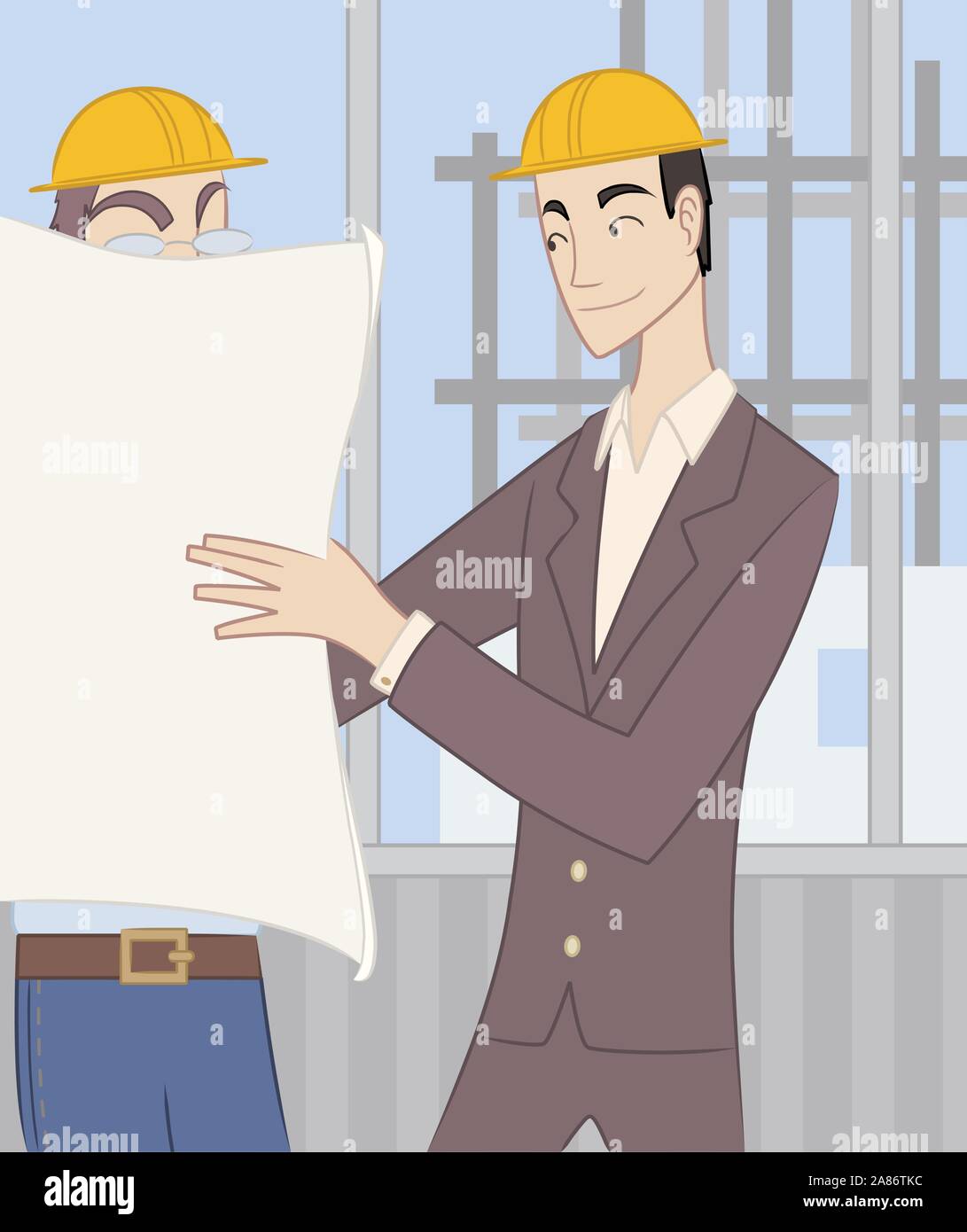 Architetto civile ingegnere costruzione architettonica Planner, esposizione di progetti di costruzione di un lavoratore. Illustrazione Vettoriale