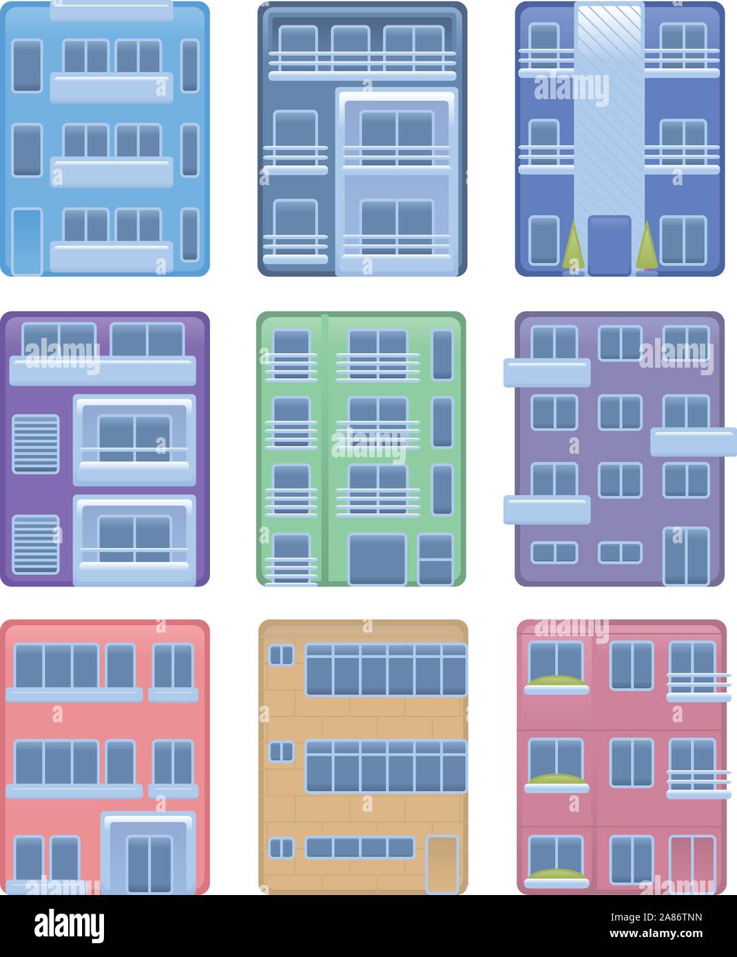 Edificio appartamento edificio condominiale casa struttura collezione illustrazione vettoriale icone. Illustrazione Vettoriale