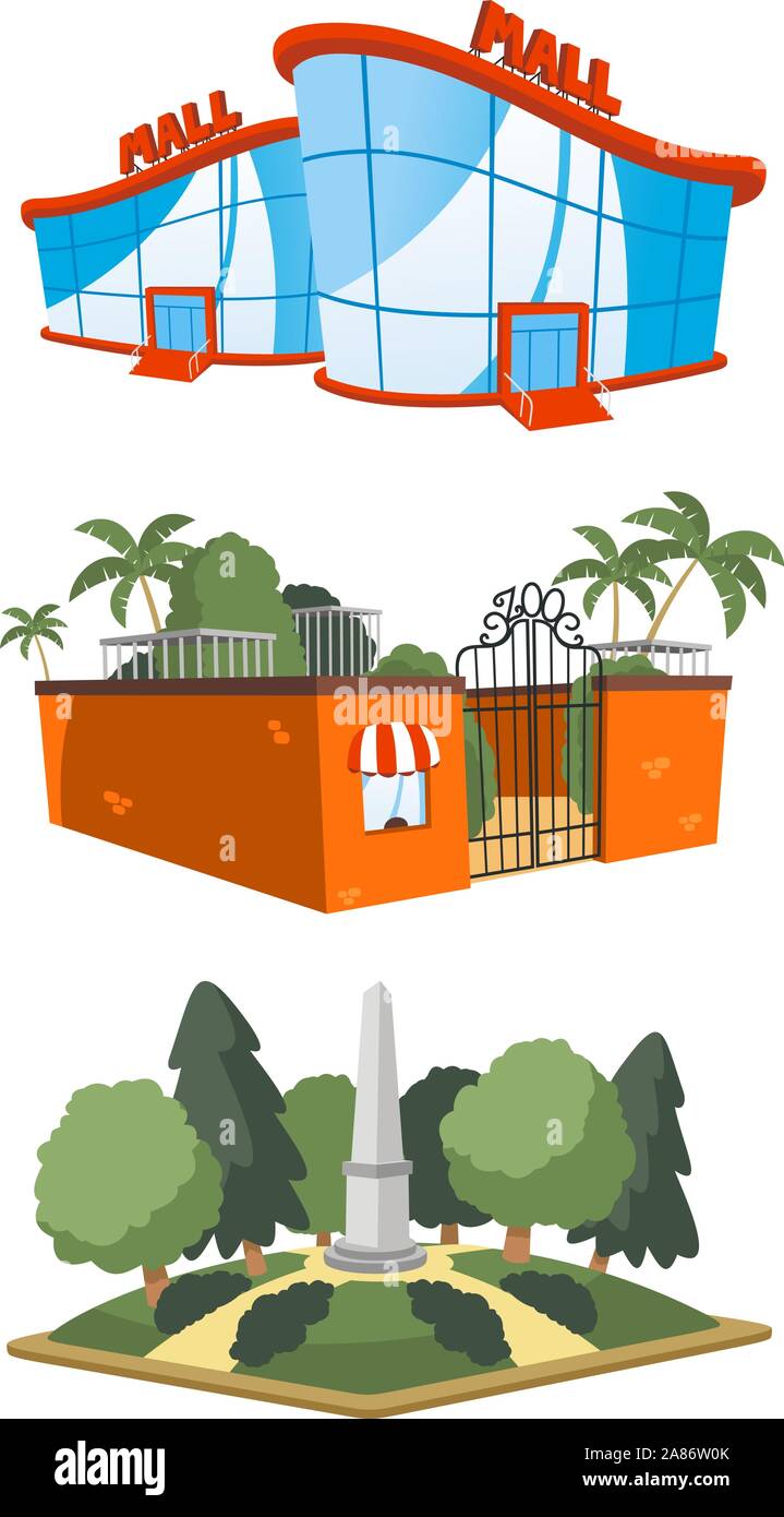 Set di 3 edificio pubblico illustrazioni, compreso un mall, lo zoo e piazza illustrazione vettoriale. Illustrazione Vettoriale