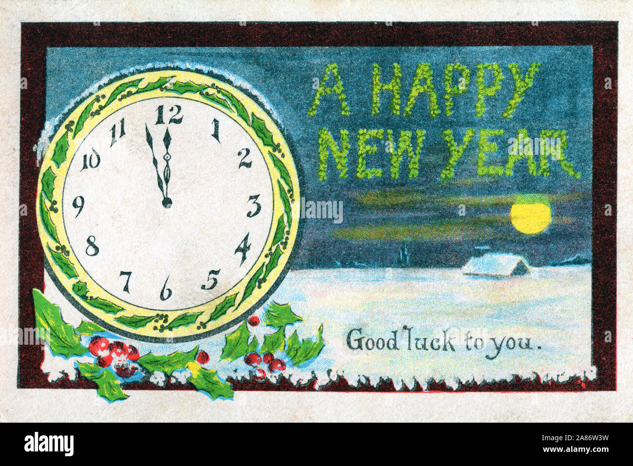 Un vecchio stile nuovo anno di post card illustrazione da c. 1911 mostra una coperta di neve home e un orologio minuti prima di mezzanotte, un Felice Anno Nuovo... buona fortuna a voi." Foto Stock