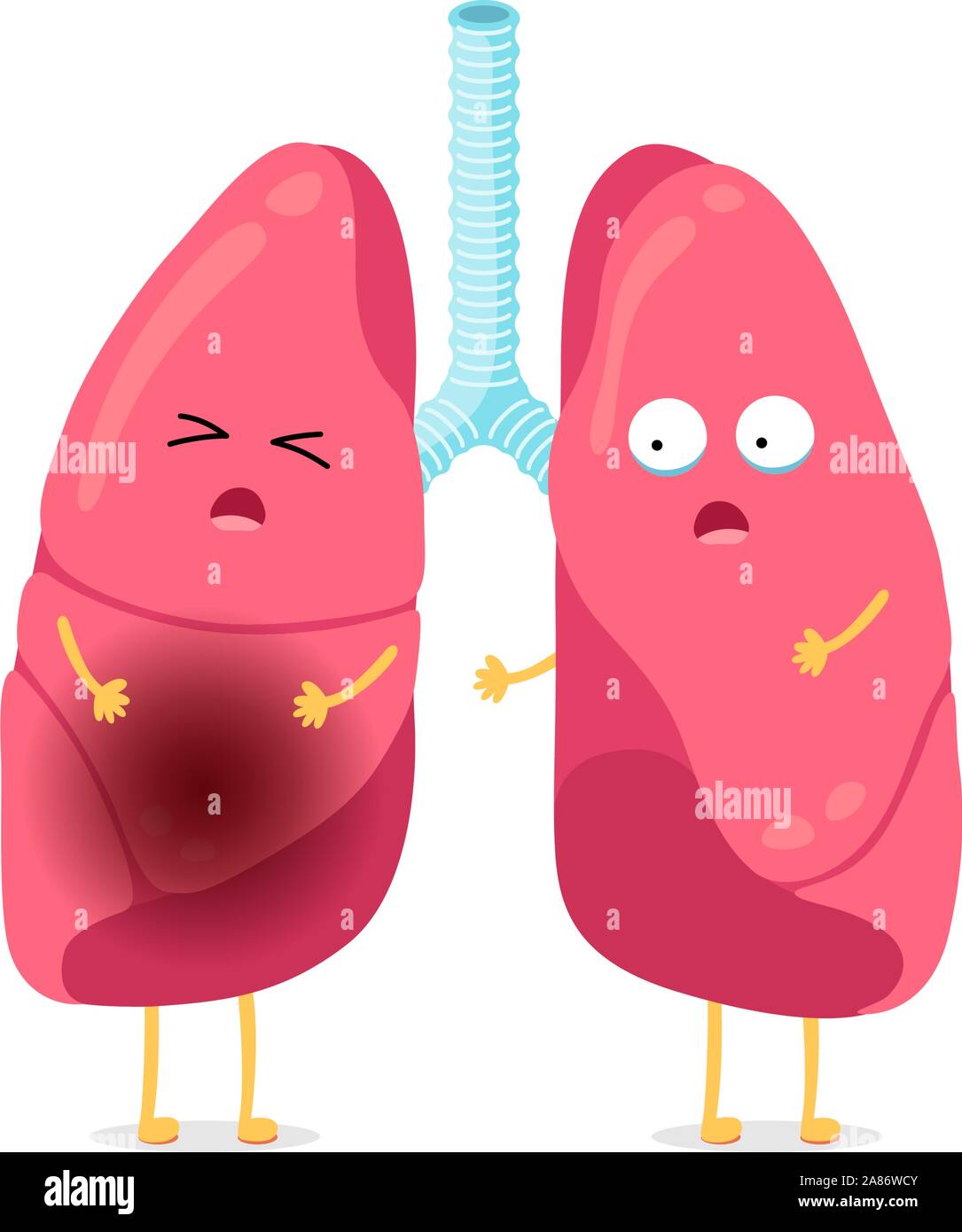 Carino cartone animato divertente malessere carattere polmoni malattia. Mascotte polmonari malate con polmonite. Infiammazione dell'organo interno del sistema respiratorio umano. Anatomia medica malattia illusrtazione vettoriale Illustrazione Vettoriale